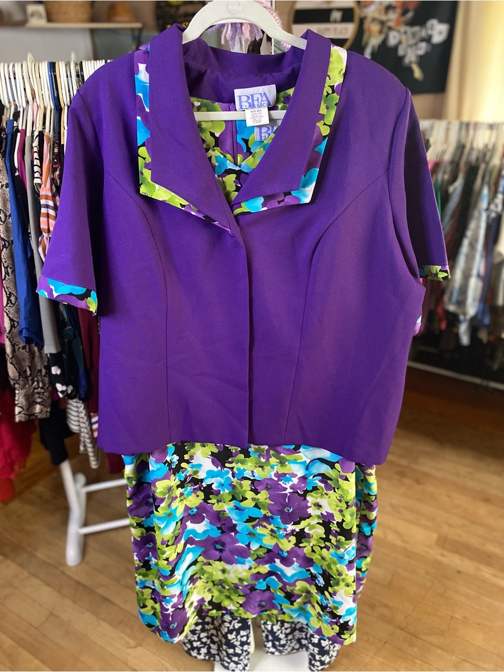 Classic Purple Floral Midi Dress with Coordinating Jacket